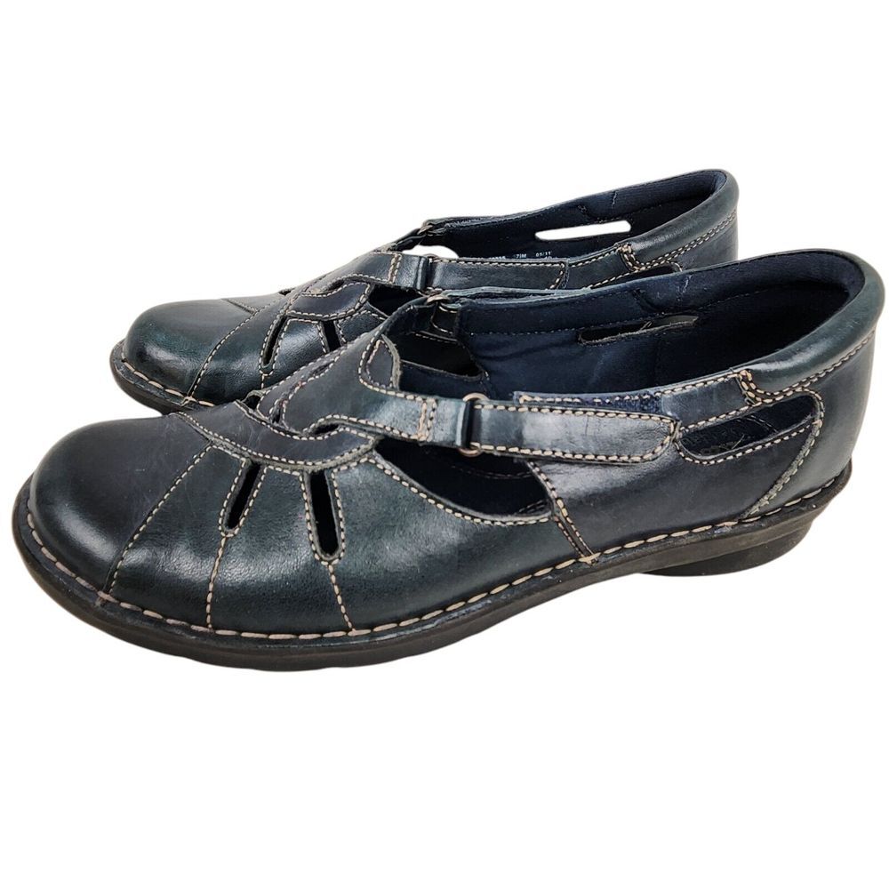 Clarks Bendables 39335 Mary Jane Leather Slip on Shoes Navy Blue Women's Sz 7.5M